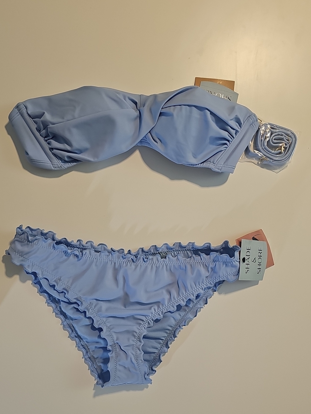 Shade & Shore S Light Blue Bikini Set with Bandeau Top and Ruffle Edge Bottom